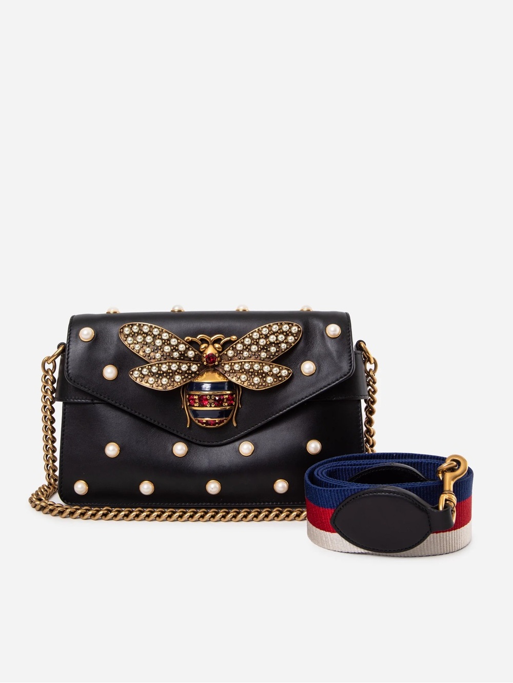 Gucci Black/Gold Nappa Pearl Studded Mini Queen Margaret Broadway Handbag